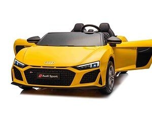 Mașinuță electrică copii cu design sportiv, culoare galbenă, pentru joacă și aventură.