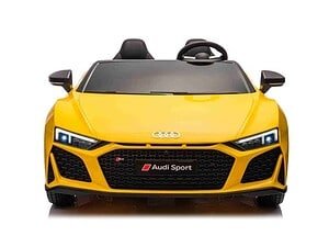 Mașină electrică sport pentru copii, model Audi R8, culoare galbenă, jucărie pentru micuți.