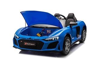Mașinuță electrică pentru copii, model sport albastru cu deschidere capotă, sigur și elegant.