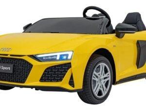 Audi sport mașină electrică de jucărie pentru copii, galbenă, detalii realiste, siguranță și distracție în același timp.