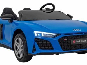 1. Masina sport pentru copii, de culoare albastru, cu design realist și sigla Audi.