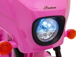 Far sigur de jucărie pentru copii, motocicletă electrică roz cu lumină LED și semne de direcție.