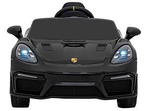 Mașină electrică pentru copii, model sportiv negru cu lumini față, detalii realiste.