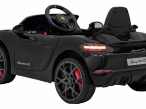 1. Mașinuță electrică pentru copii, model Porsche Spyder RS, neagră, cu finisaj realist.