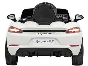 Mașină electrică pentru copii Porsche Spyder RS alb, siguranță și divertisment pentru cei mici.