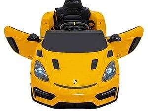 Mașinuță electrică pentru copii, model sportiv Porsche, culoare galbenă vibrantă.