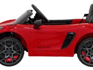 Mașină electrică pentru copii, model sport roșu, cu design realist și sigur pentru joacă în siguranță.