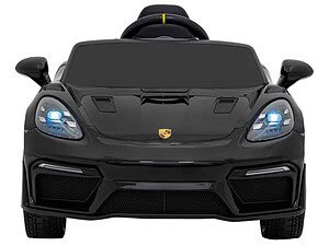 Mașină electrică pentru copii, model sport Porsche negru, cu faruri luminoase realiste.
