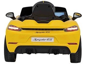 Mașină electrică pentru copii Porsche Spyder RS, culoare galbenă, distractiv și sigur.