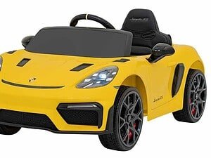 Mașinuță electrică pentru copii, model Porsche 718 Cayman, în culoare galbenă.