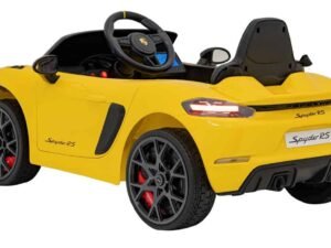 Mașinuță electrică copii, model Porsche Spyder RS galben, jucărie pentru exterior și interior.