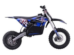 Motocicletă electrică pentru copii, model off-road, design sportiv și stabilitate excelentă.