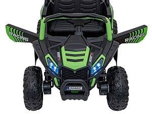 Mașinuță electrică pentru copii, model sport cu design atractiv negru și verde.