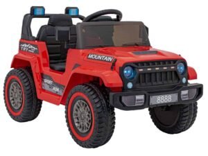 Mașină electrică pentru copii, model Jeep off-road roșu, jucărie de exterior pentru cei mici.