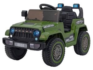 1. mașinuță electrică pentru copii, model off-road, verde, cu lumini și volan pentru joacă.