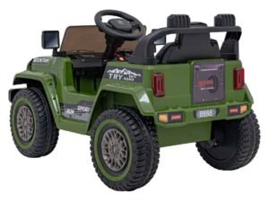 Mașinuță electrică pentru copii, model teren off-road, culoare verde, pentru joacă și aventură robustă.