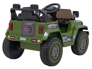 Mașinuță electrică pentru copii, model 4x4, verde, cu design off-road și anvelope mari.