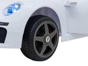 1. Jucărie auto electrică pentru copii, mașină de curse albă și neagră, teren durabil.