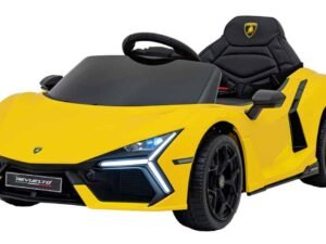 Yellow luxury children's ride-on car resembling a Lamborghini, perfect for kids' playtime.