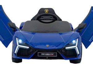 Mașină electrică pentru copii, sport Ferrari albastru cu portiere deschise.