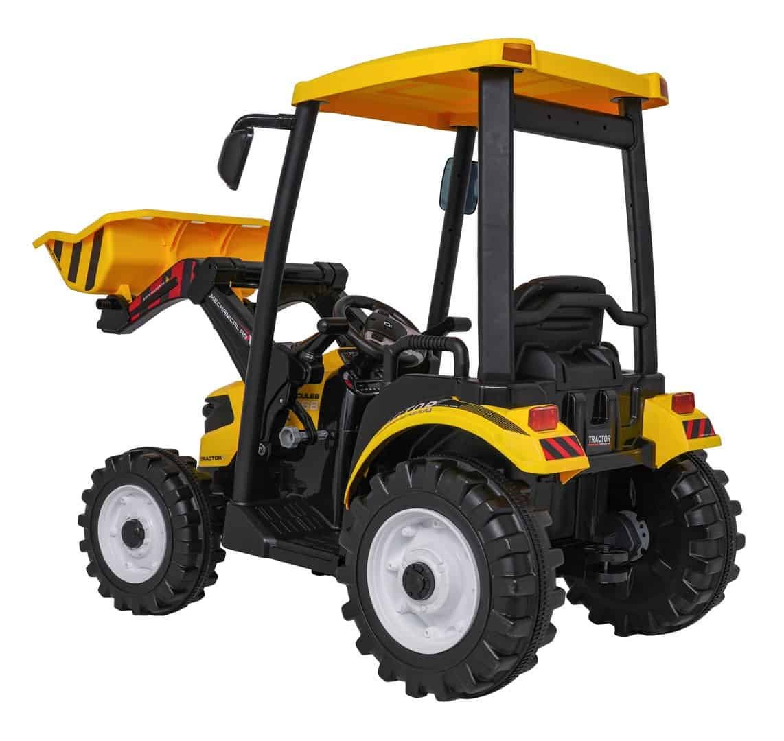 1. Jucarie tractor pentru copii cu remorca, culoare galbenă și neagră, pentru joacă și distracție.