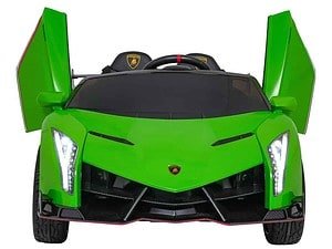 Slideshow de mașini electrice pentru copii, model Lamborghini, verde, cu uși verticale deschise.