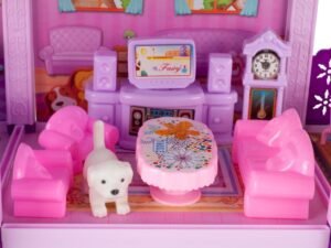 Jucării pentru copii, casă de păpuși roz, mobilier miniatură, joacă și distracție pentru cei mici.