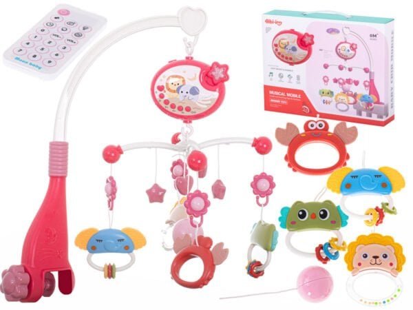 Lullaby star design carusel roz + telecomandă - Carusel cu proiector de stele și telecomandă. Are până la 40 de melodii diferite și liniștitoare. Pandantivele cu animale colorate vor menține cu siguranță interesul copilului. Alimentat cu baterii: 3x AA (nu este inclus). Culoare: roz. Dimensiuni braț: 18