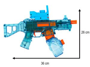 Jucărie pistol pentru copii, realist, din plastic, în nuanțe de albastru și portocaliu.