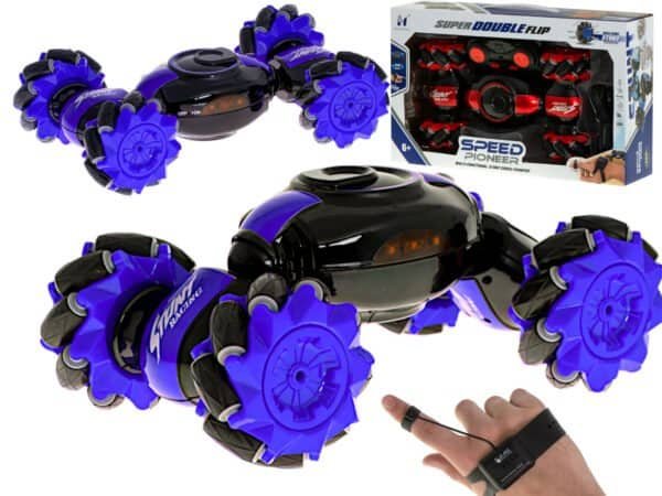 Viteza Pioneer Stunt Car RC 360 albastru - RC Speed Pioneer Stunt mașină de control de la distanță. Jucăria cu două fețe se deplasează în toate direcțiile. Are două moduri de conducere: curse și offroad și două telecomenzi: tradițională și cu capac de palmă. Viteză de până la 25km/h. Raza de acțiune este de aproximativ 20 m. Dimensiuni: 16