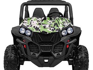 1. Jucarie ATV electric pentru copii, design camuflaj verde-negru, sigur pentru joaca.