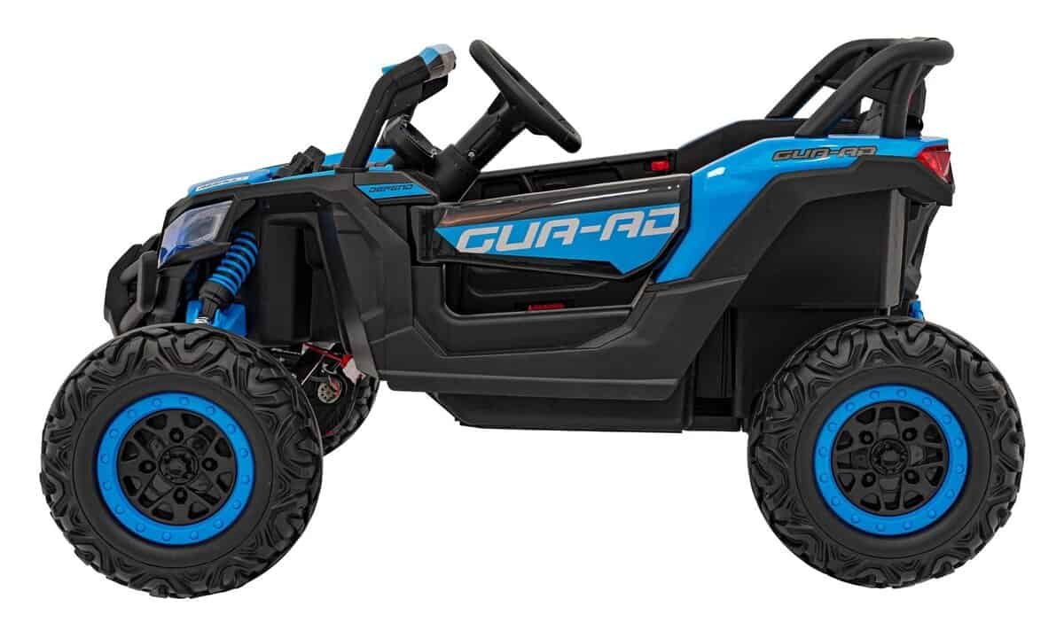 Mașinuță electrică teren off-road pentru copii, model Gua AD, alb-negru și albastru.