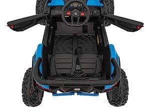 Mașină electrică pentru copii, model sport, cu volan și pneuri mari, perfectă pentru joacă în curte.