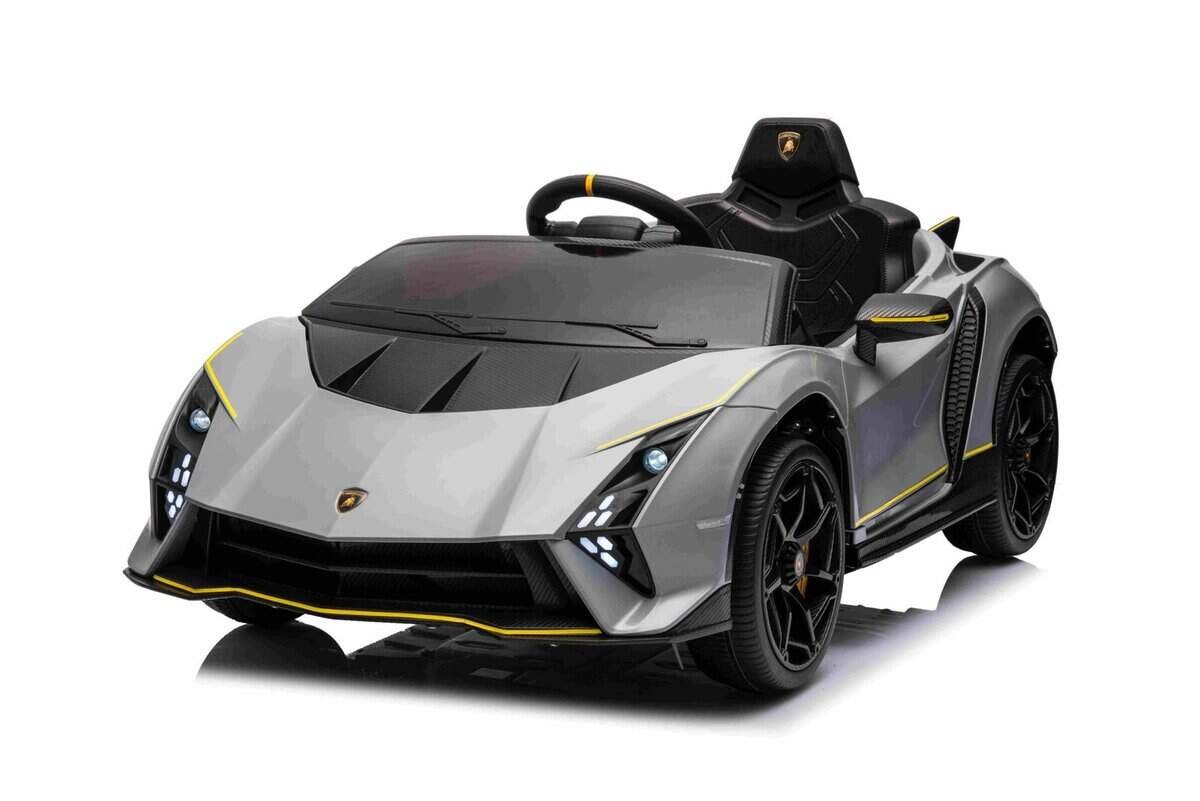 Mașină electrică pentru copii Lamborghini, model sportiv, alb-negru, pentru aventuri sportive.
