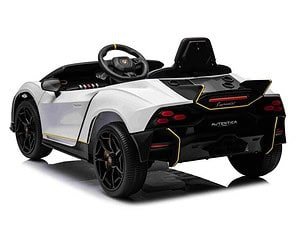 Mașinuță electrică pentru copii Lamborghini alb-negru cu detalii galbene.