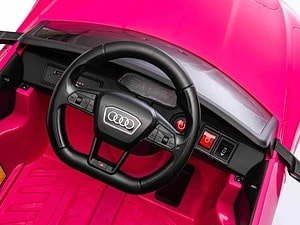 Buton de pornire, volan cu logo Audi, tablou de bord pentru mașinuțe jucarii, model roșu roz pentru copii.