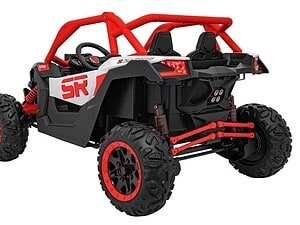 Mașină de teren electric pentru copii, de culoare negru și roșu, cu roți mari și suspensii.