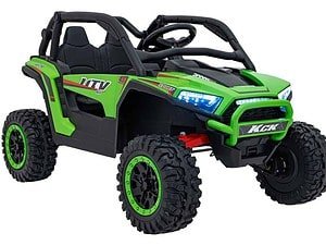 Mașină electrică pentru copii off-road, verde și negru, perfectă pentru distracție și aventură.