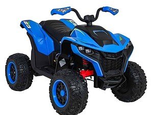 Mașină electrică pentru copii, model ATV bleu cu pneuri robuste și design realist pentru joacă în siguranță.