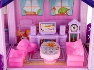 Jucării casuță pentru copii, living de joacă, mobilier miniatural roz, decor pentru cameră de jucării.