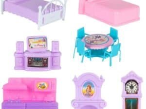 Jucărie de păpuși cu pat roz și alb, pentru joacă și decor copii, ideal pentru camera celor mici.