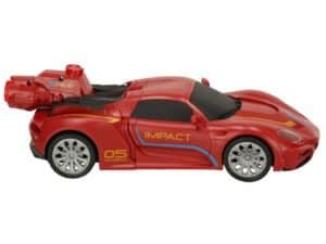 Mașină de jucarie pentru copii, în formă de supercar sport roșu, detalii colorate și design realist.