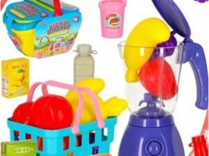 1. Jucării de platic pentru copii, set fructe și blendere, perfect pentru joc și educație.