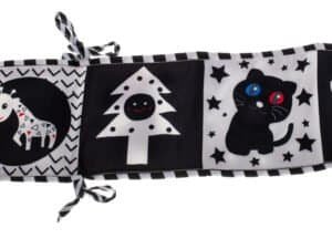 Jucarie educativa din plus cu animalute, design negru și alb, pentru joaca și dezvoltare copii.