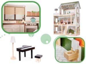 Vitrine cu jucării și mobilier pentru casuta de jucariilor creativă, detaliu decorativ pentru camera copilului.