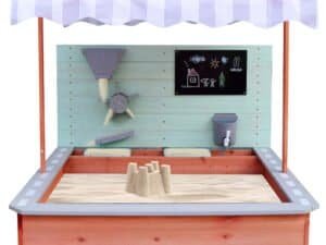 1. Jucarie pentru nisip, casuta de tip sandbox pentru copii, din lemn natural si design modern.