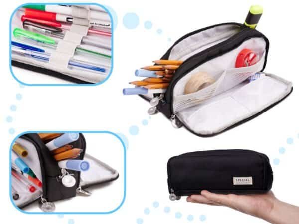 Cazul de creion școlar triplu sachet vanitatea caz 3in1 negru - imagine 2
