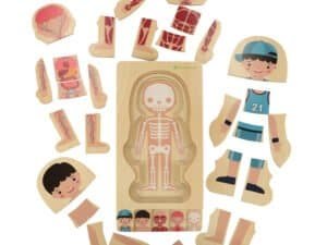 Jucarie educativa din lemn cu piese pentru asamblat corp uman, dezvoltare creativitate și logică pentru copii.