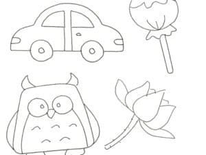 Mașină jucărie și desene de animale și flori pentru copii, activități creative și educative.