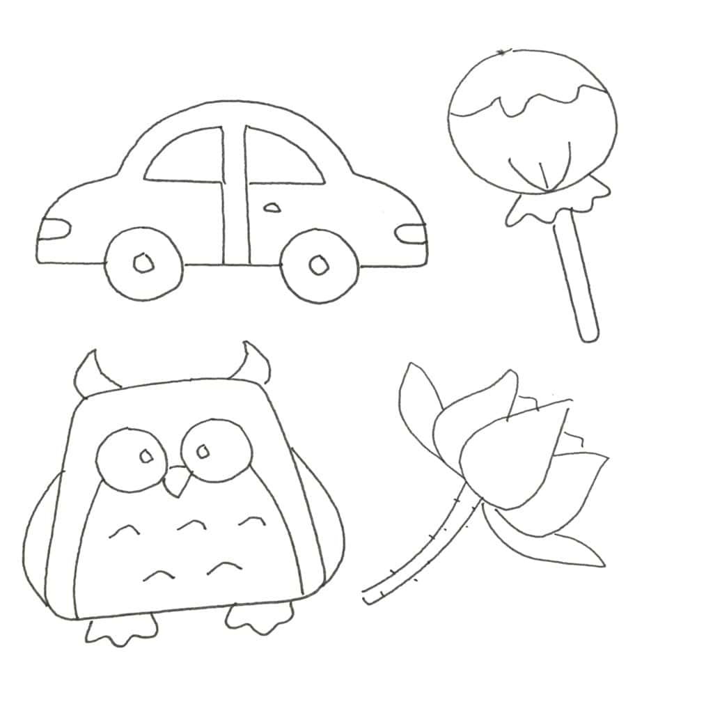 Mașină jucărie și desene de animale și flori pentru copii, activități creative și educative.